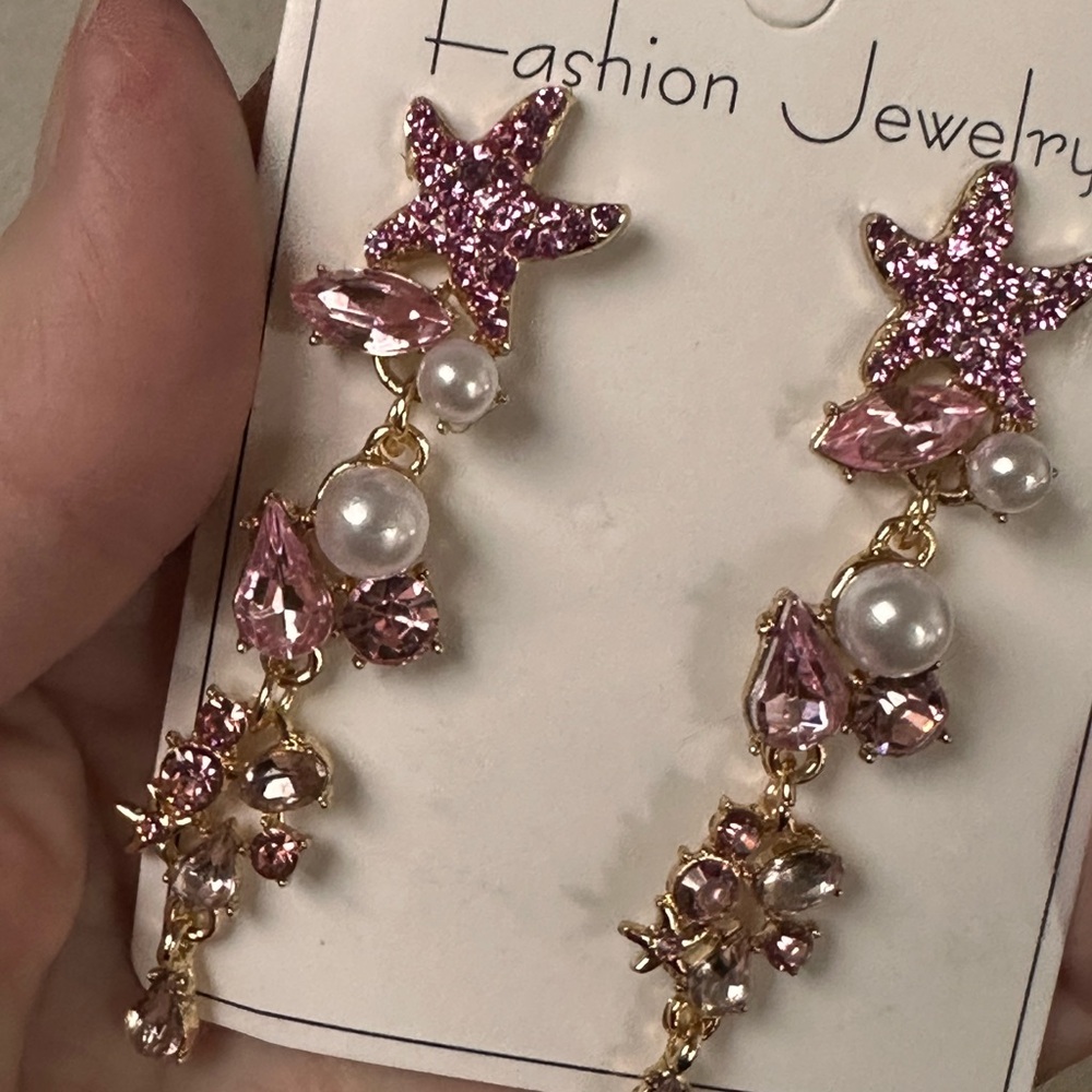 Pink starfish dangle pierced earrings with rhinestones pearl beach ocean jewelry